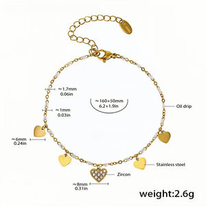 Elegant Gold Heart Charm Anklet with Zircon Centerpiece Adjustable Stainless Steel