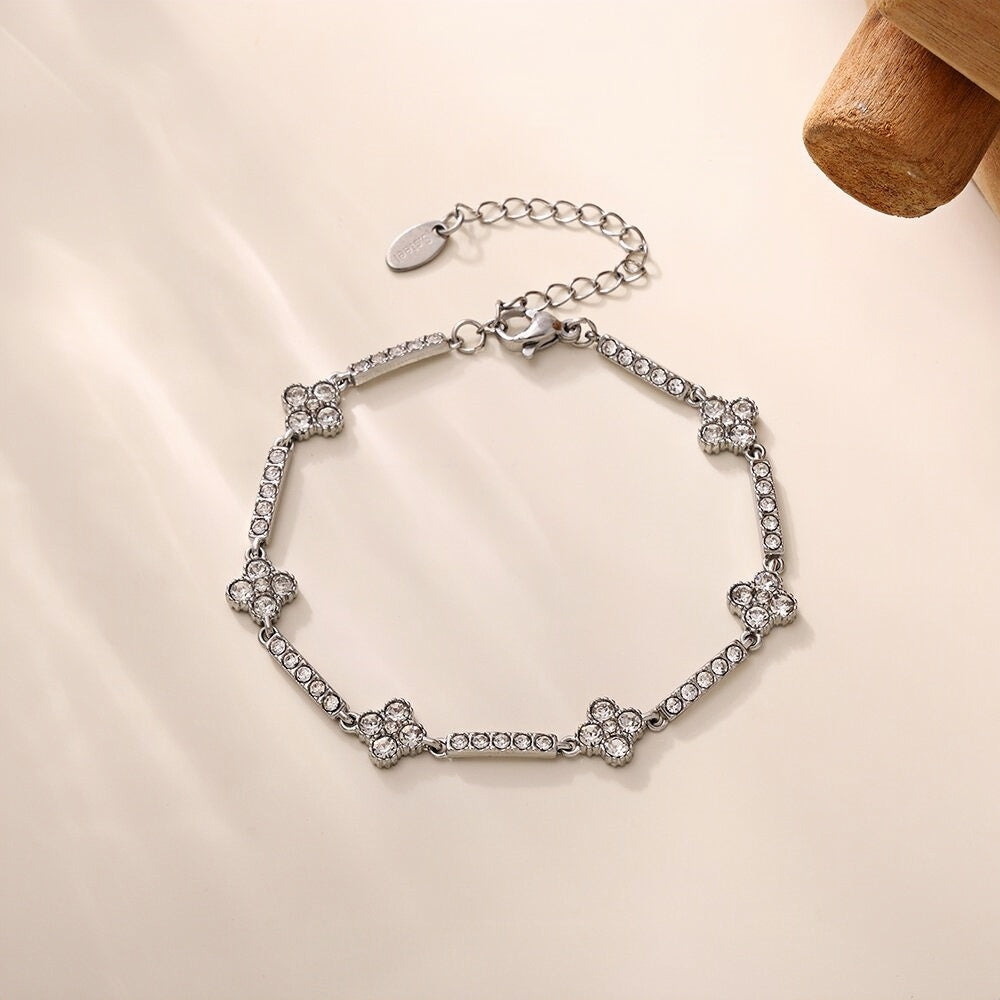 Elegant Zircon Flower Bracelet Stainless Steel, Adjustable 6.3''8.2''