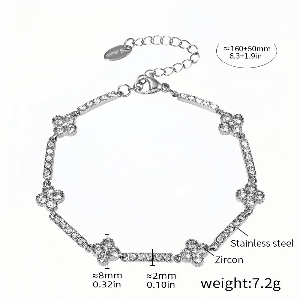 Elegant Zircon Flower Bracelet Stainless Steel, Adjustable 6.3''8.2''