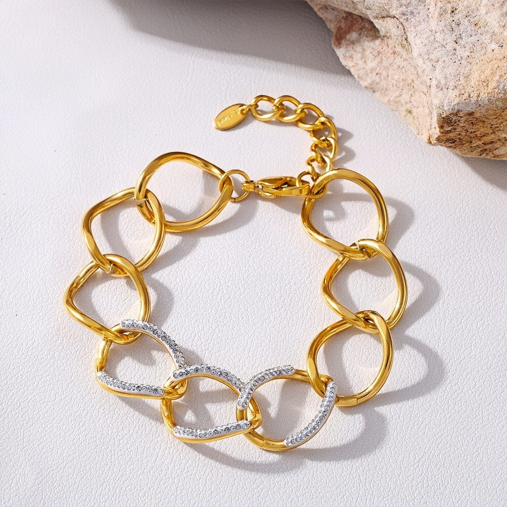 Elegant Gold-Tone Stainless Steel Chain Bracelet with Rhinestone Accents Adjustable Length