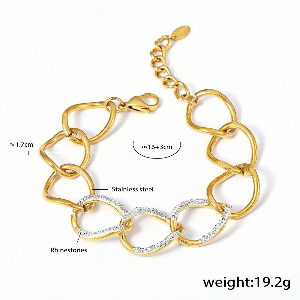 Elegant Gold-Tone Stainless Steel Chain Bracelet with Rhinestone Accents Adjustable Length
