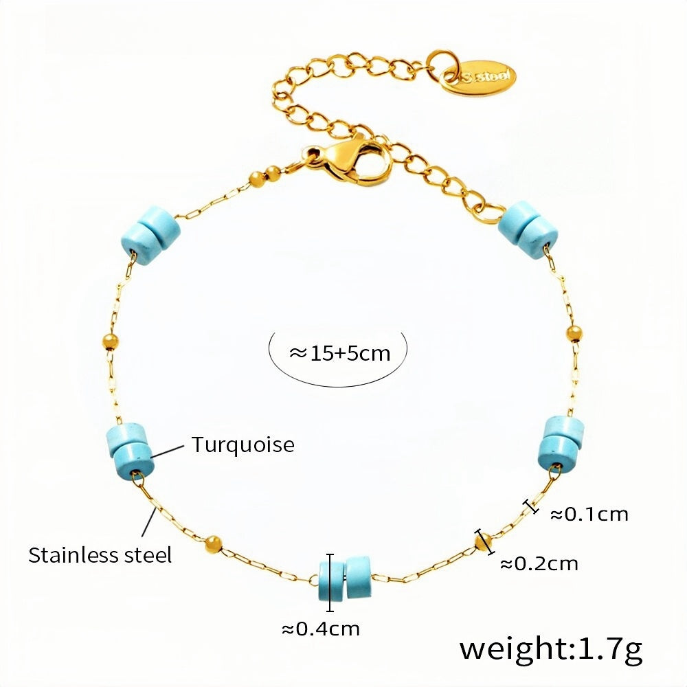 Elegant Gold Stainless Steel Chain Bracelet with Turquoise Beads Adjustable Length