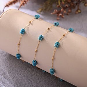 Elegant Gold Stainless Steel Chain Bracelet with Turquoise Beads Adjustable Length