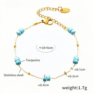 Elegant Gold Stainless Steel Chain Bracelet with Turquoise Beads Adjustable Length