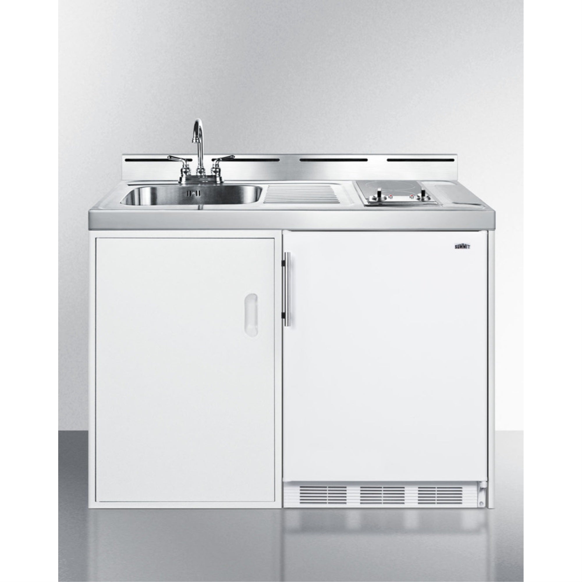 48 Wide All-In-One Kitchenette With 2-Burner 115V Radiant Cooktop, Refrigerator-Freezer, And No-Plumbing Sink With Water Pump