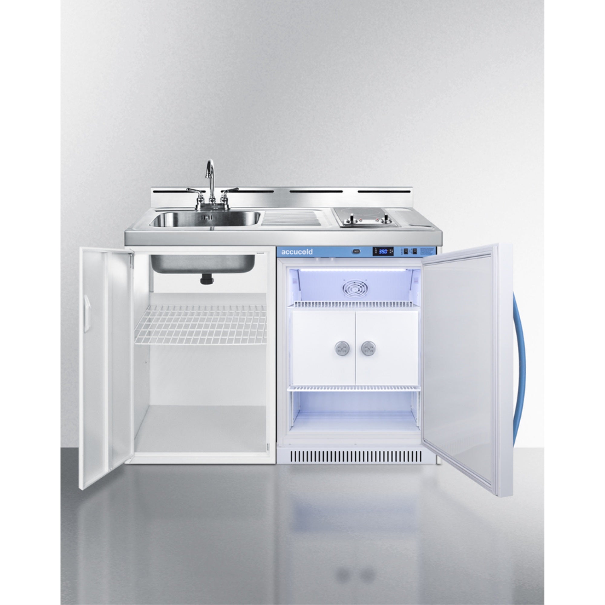 48 Wide All-In-One Wellness Room Kitchenette With Momcube Refrigerator, Sink, 2-Burner Cooktop, And Storage Cabinet