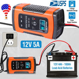 Car Battery Charger 12V 5A Lcd Intelligent Auto Motorcycle Boat Atv Recover Pulse Repair