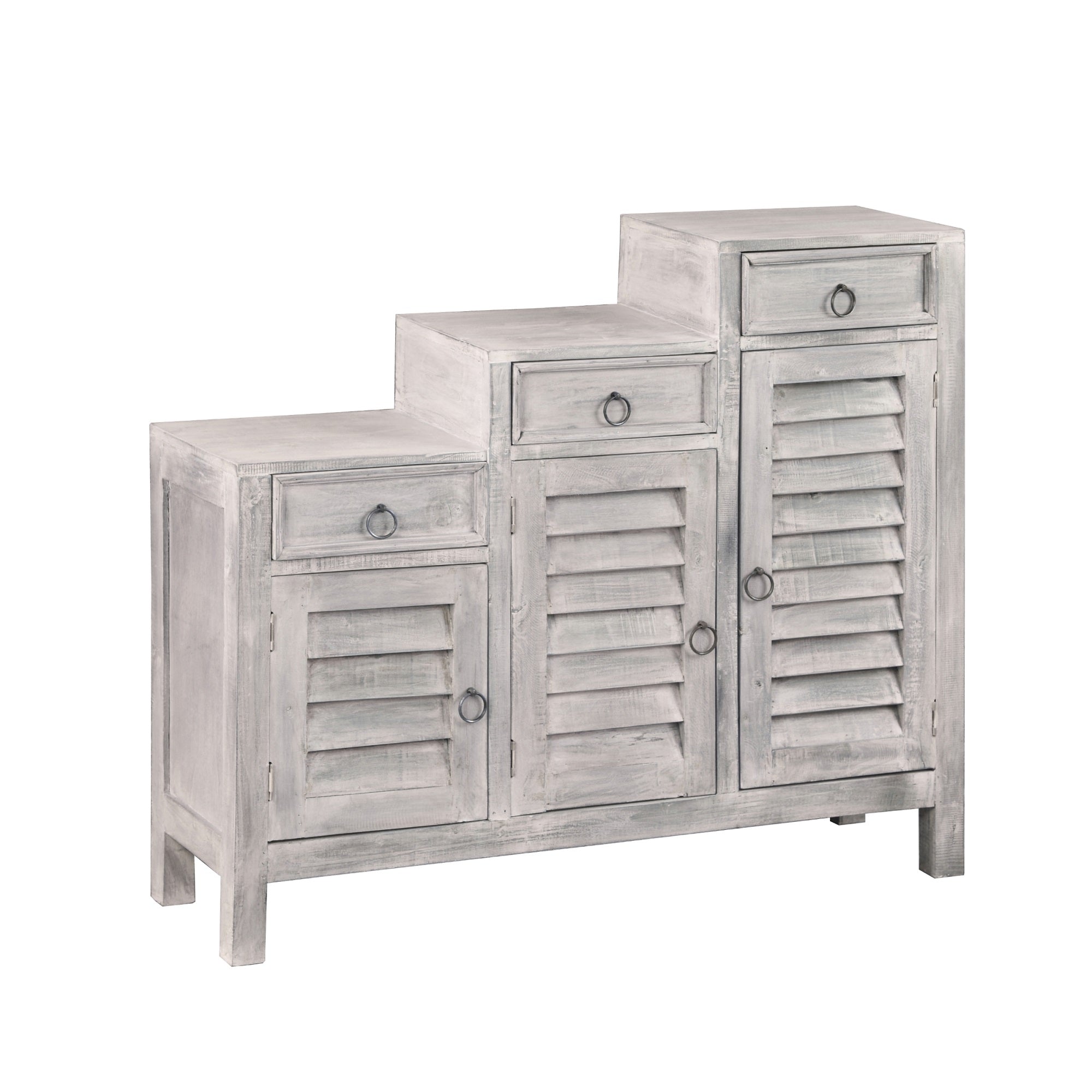 Sunset Trading Cottage Three Tiered Shutter Cabinet | Distressed Light Gray