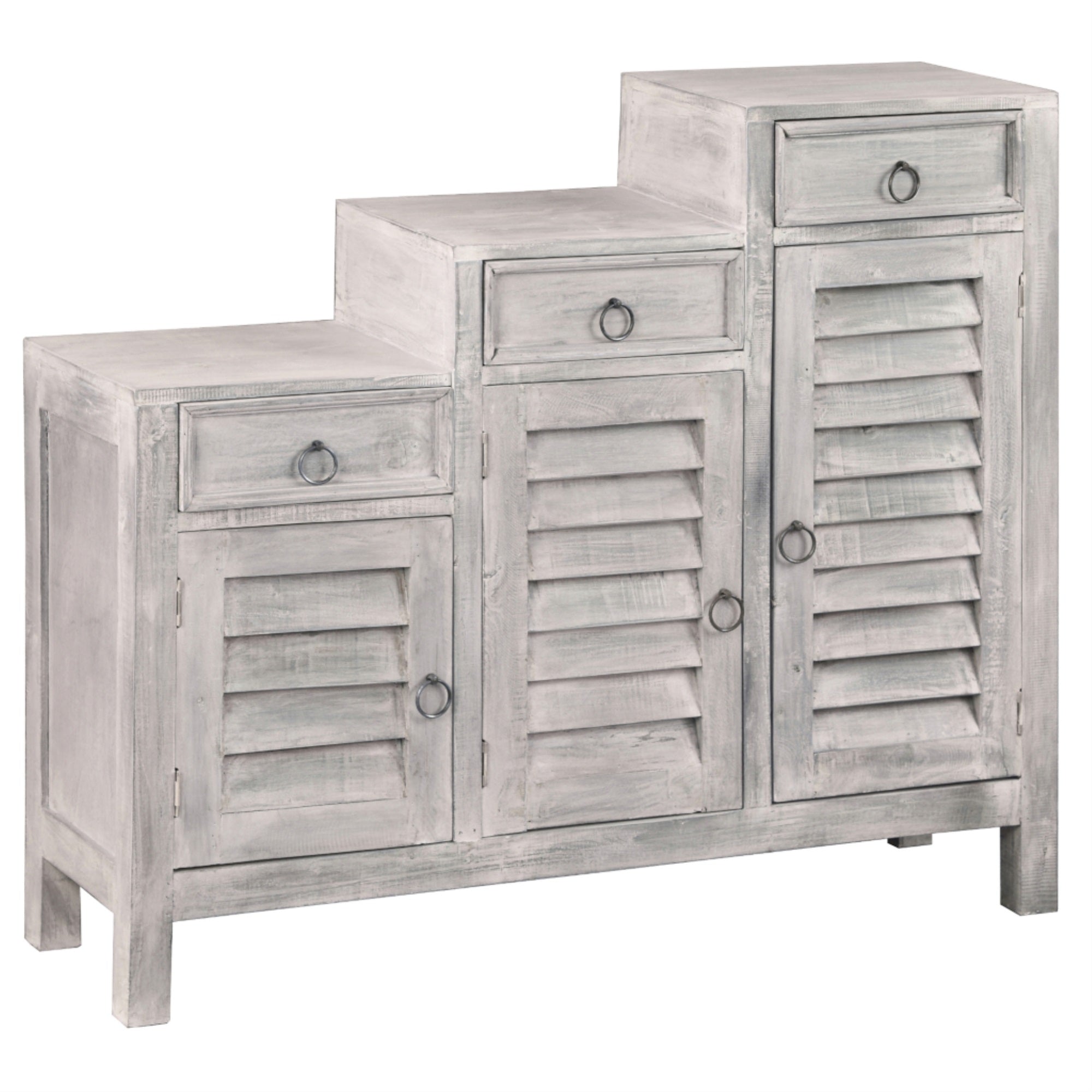 Sunset Trading Cottage Three Tiered Shutter Cabinet | Distressed Light Gray