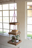 HANGING THREE TIERED SQ RECYCLED WOOD DISPLAY W JUTE ROPE