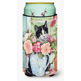 Caroline'S Treasures Black And White Rose Cat Tall Boy Koozie Hugger, Multicolor