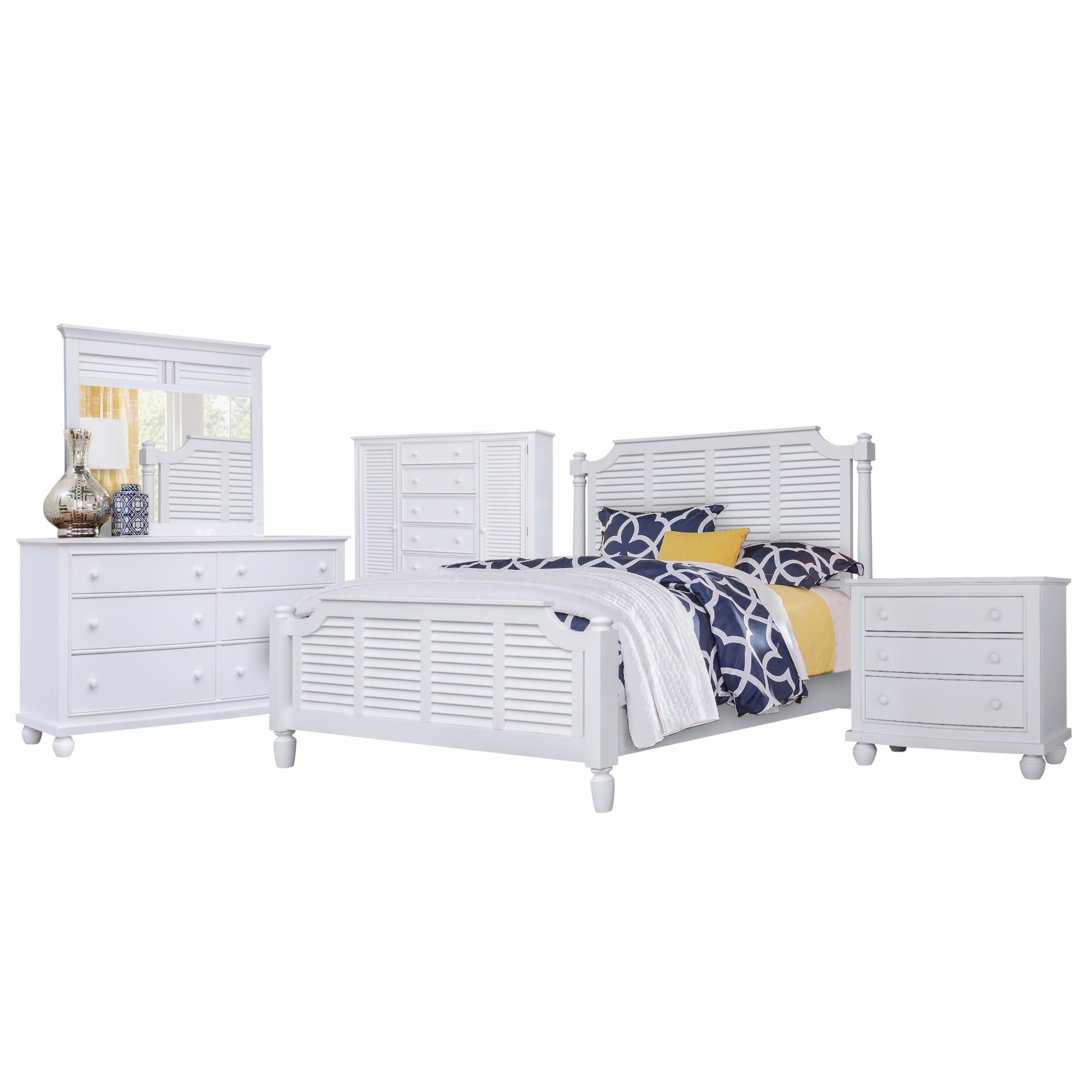 Sunset Trading White Shutter Wood 5 Piece Queen Bedroom Set | 3 Drawer Nightstand