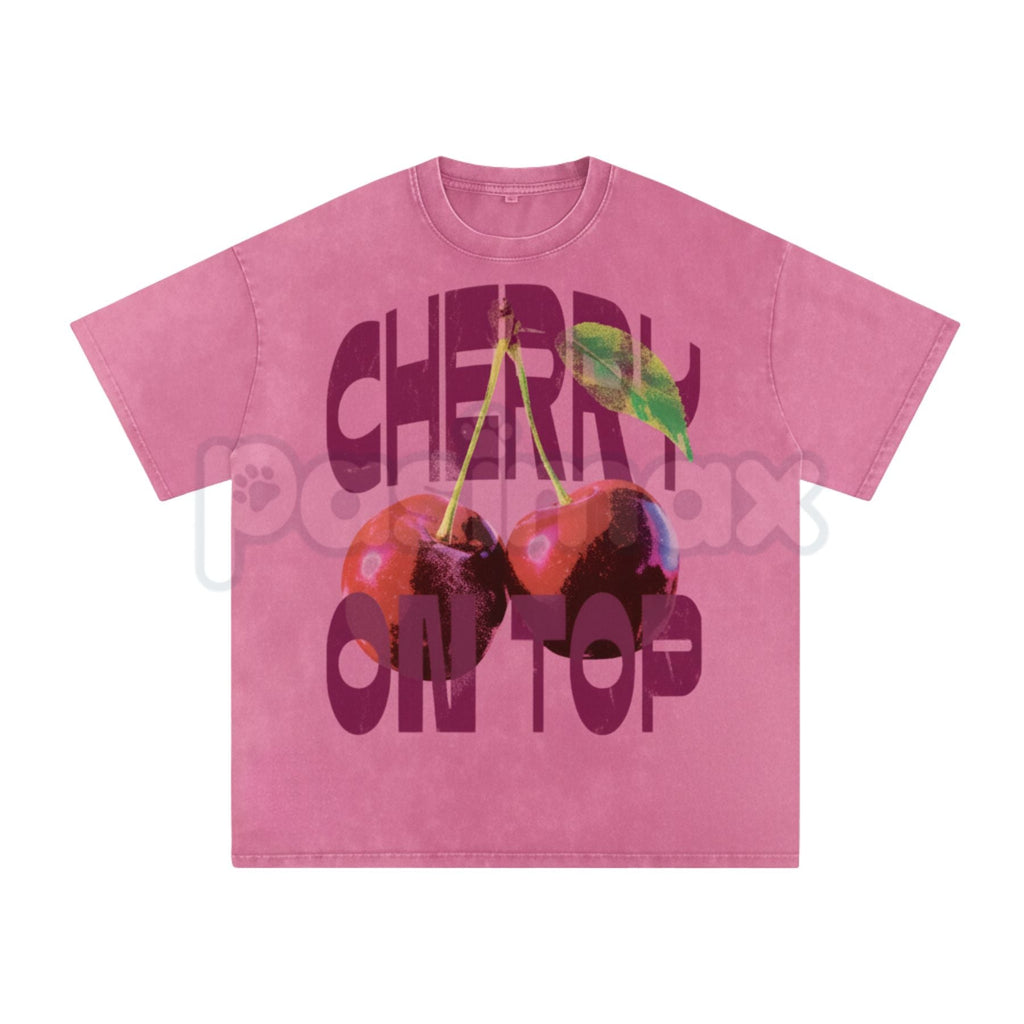 "CHERRY ON TOP" Vintage Wash Graphic Tee – Retro Aesthetic Fruit Print, Oversized Coquette Streetwear T-Shirt