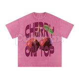 "CHERRY ON TOP" Vintage Wash Graphic Tee – Retro Aesthetic Fruit Print, Oversized Coquette Streetwear T-Shirt