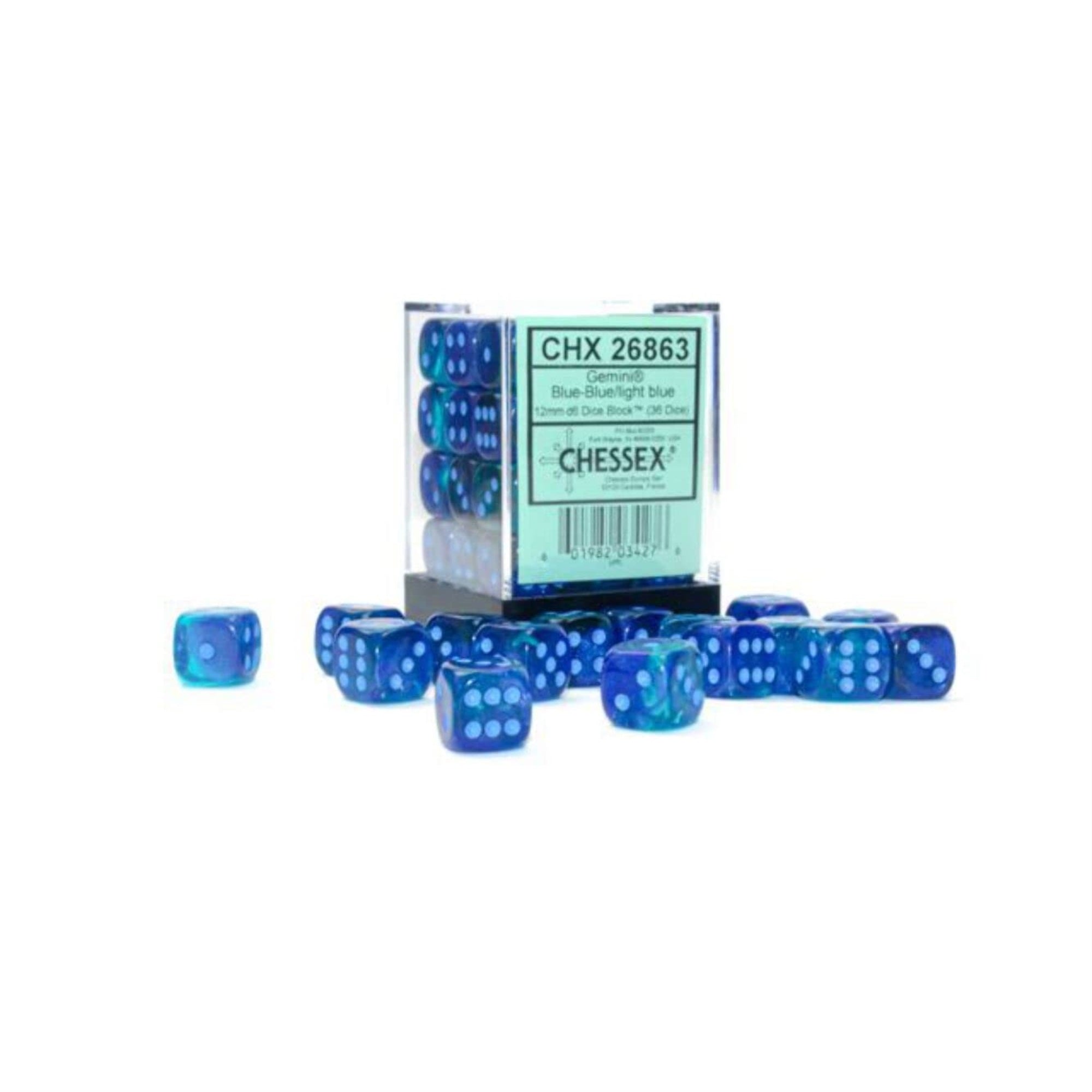 Chessex Dice Set - 12Mm Gemini: Blue/Light Blue Luminary Dice Block - Dungeons And Dragons D&D Dnd Ttrpg Dice - Includes 36 Dice