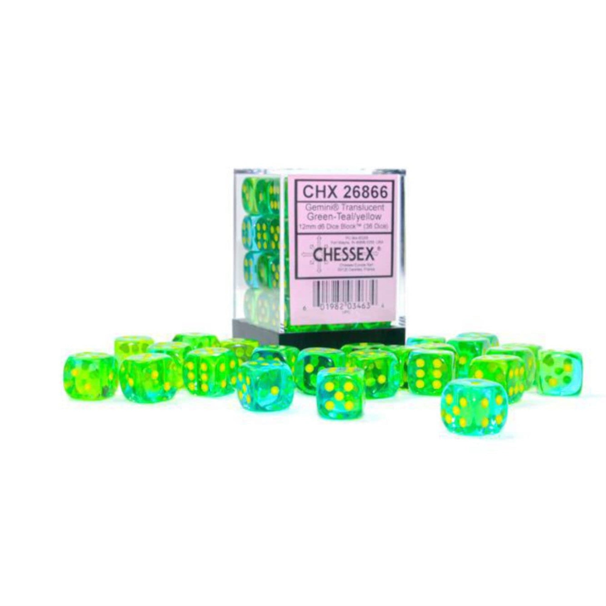 Chessex Dice Set - 12Mm Gemini: Translucent Green-Teal/Yellow Dice Block - Dungeons And Dragons D&D Dnd Ttrpg Dice - Includes 36