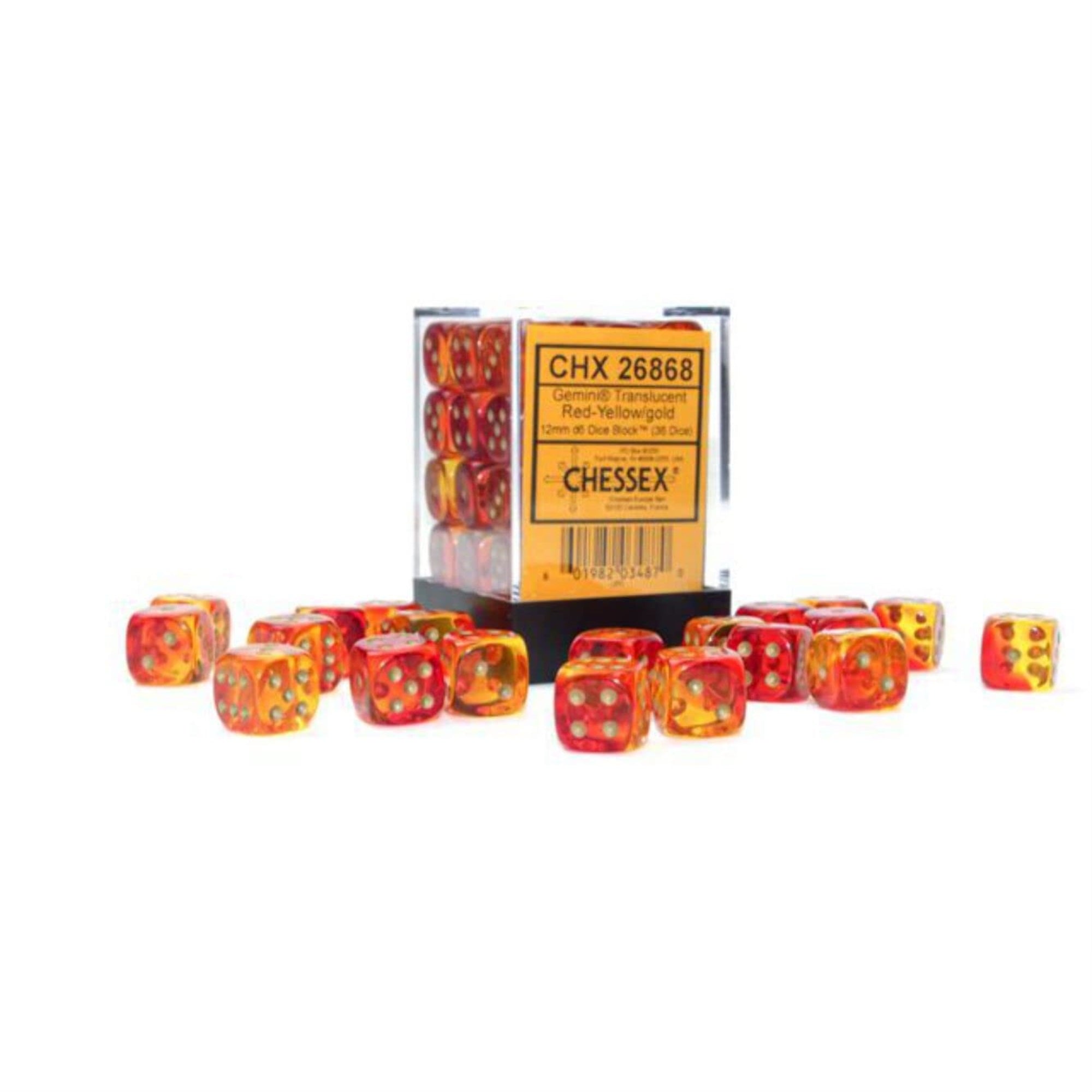 Chessex Dice Set - 12Mm Gemini: Translucent Red-Yellow/Gold Dice Block - Dungeons And Dragons D&D Dnd Ttrpg Dice - Includes 36 D