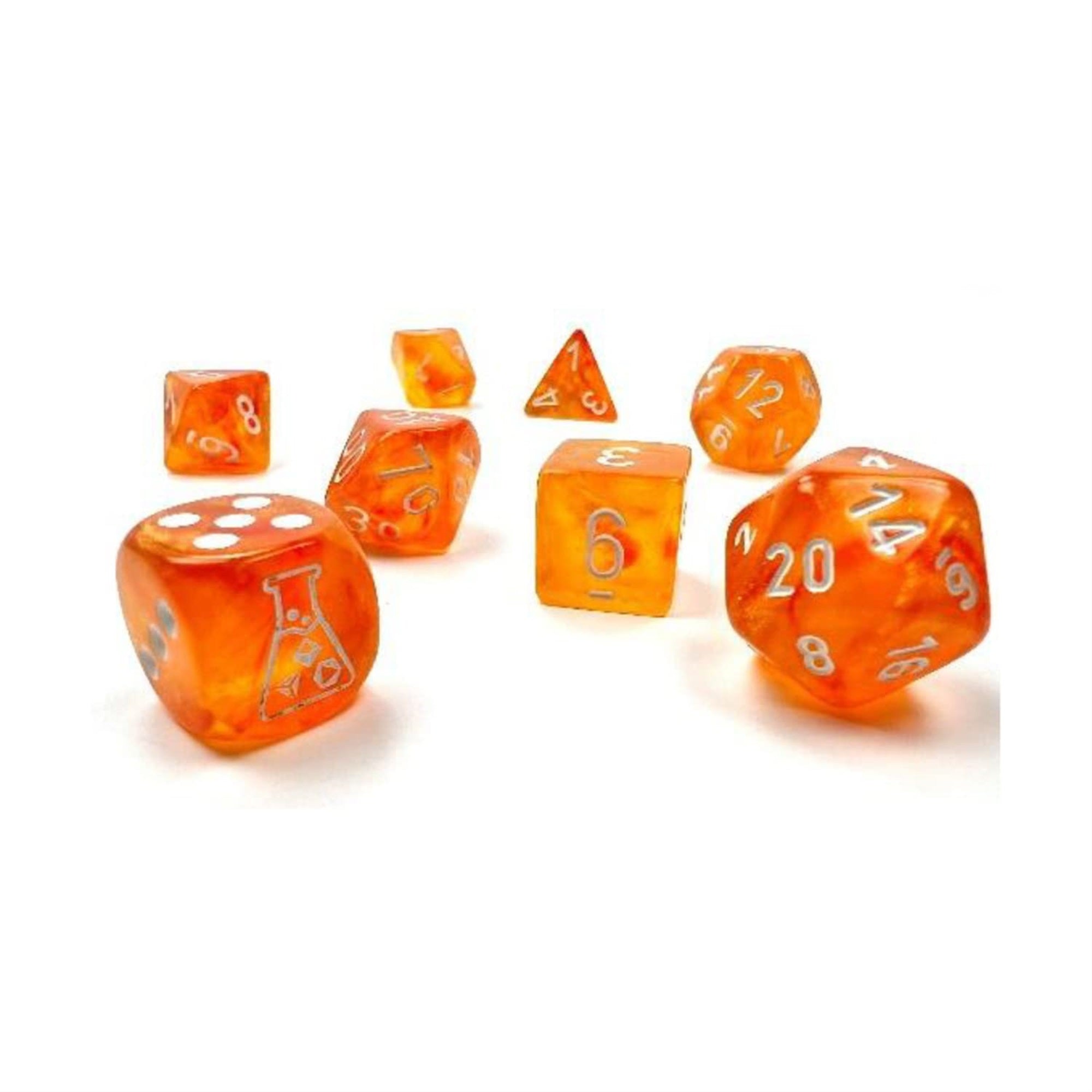 Borealis Blood Orange Luminary Dice With White Numbers 7+1 Dice Set 16Mm (5/8In) Chessex