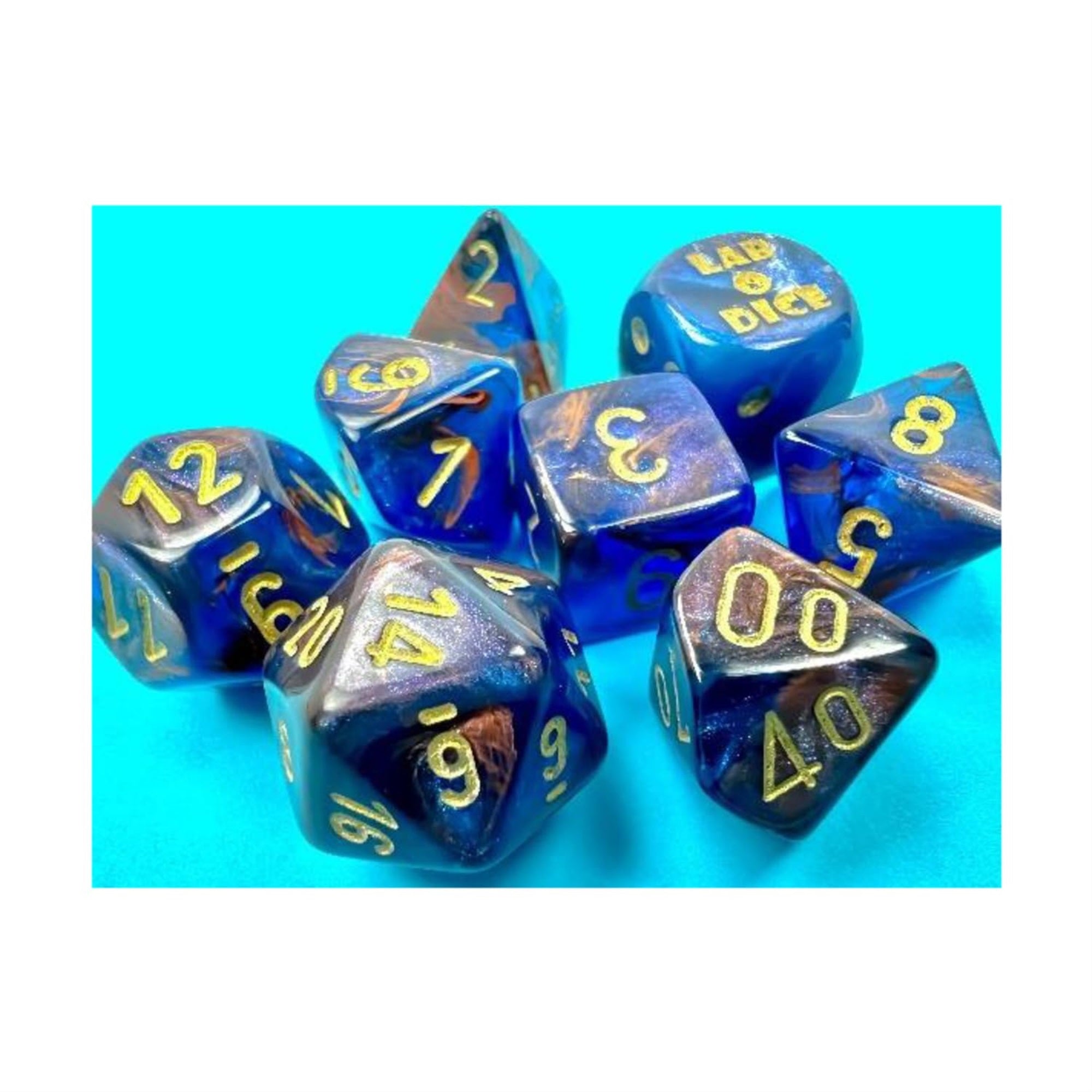 Azurite Lustrous Dice With Gold Numbers 7+1 Dice Set 16Mm (5/8In) Chessex