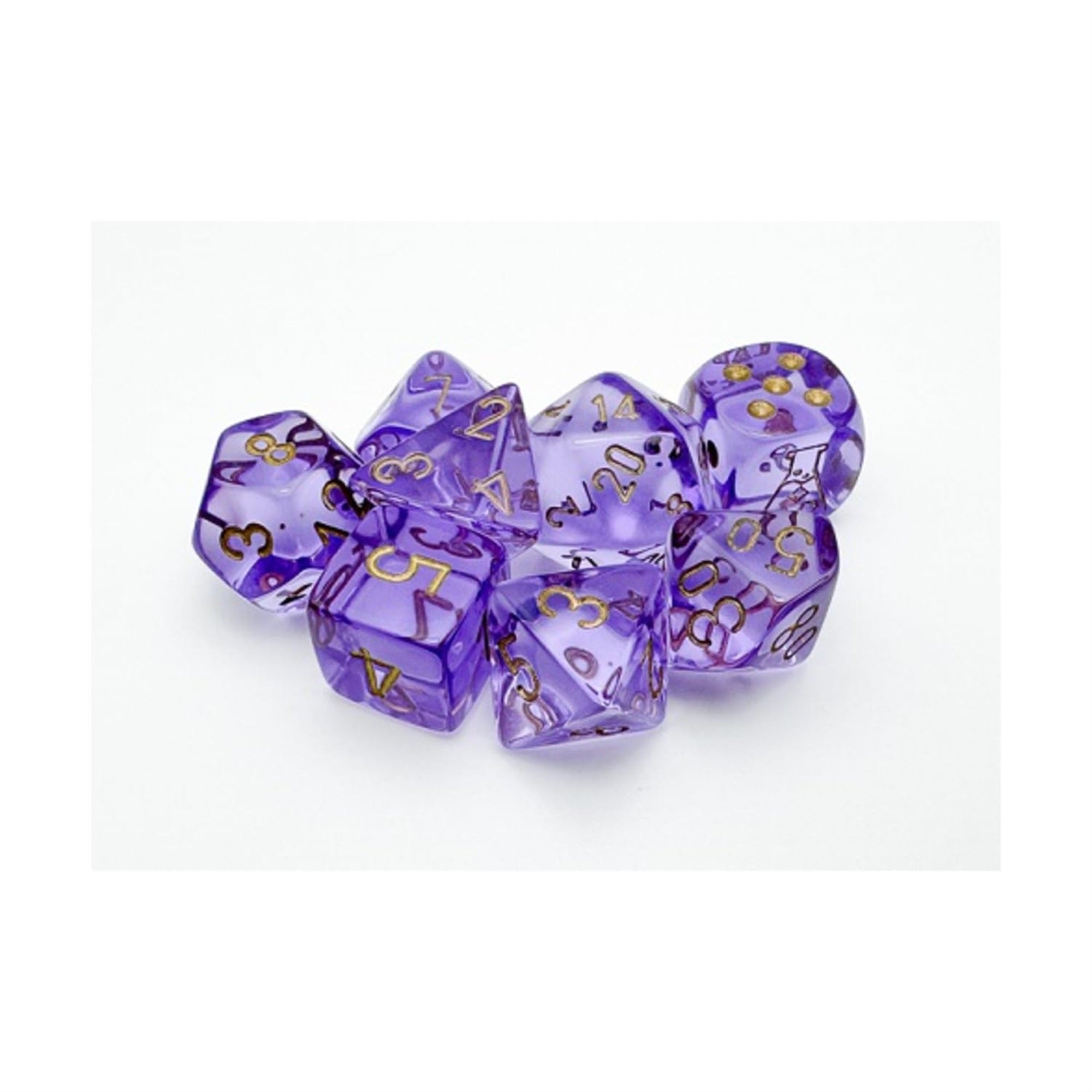 Lavender Translucent Dice With Gold Numbers 7+1 Dice Set 16Mm (5/8In) Chessex