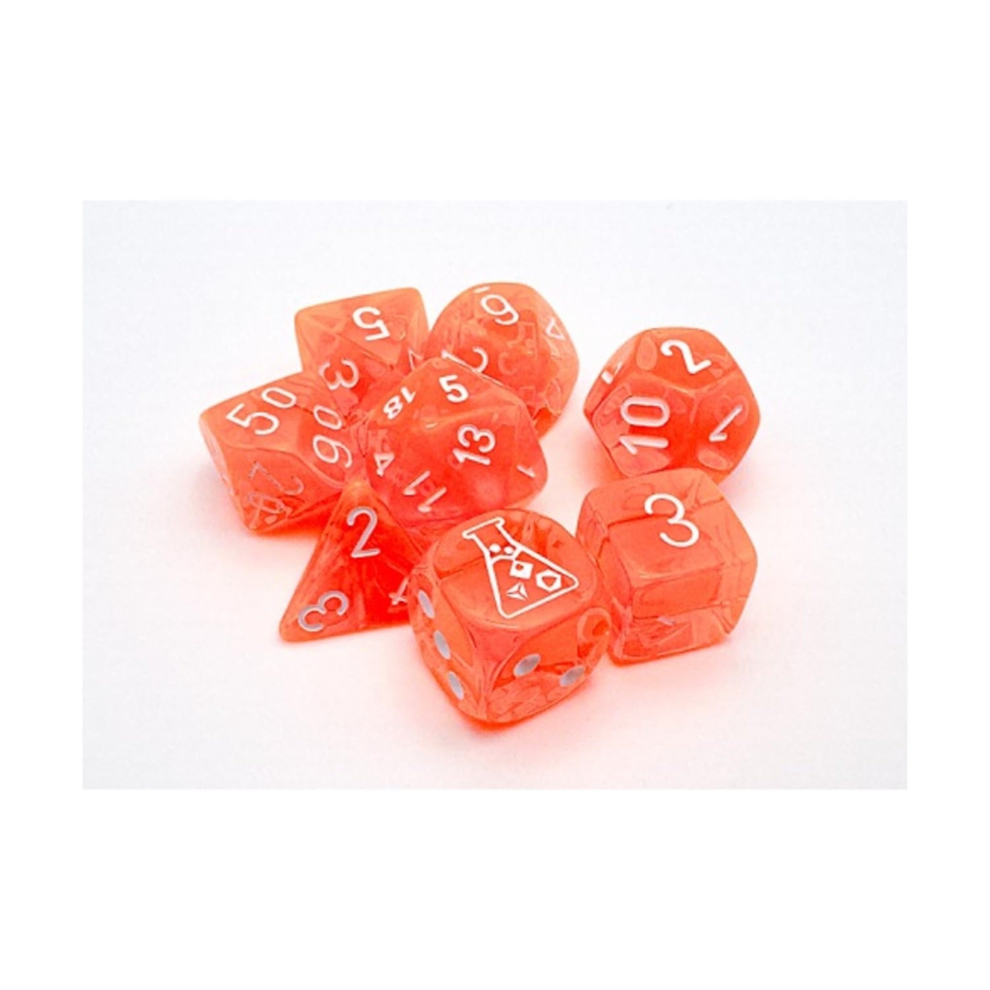 Neon Orange Translucent Dice With White Numbers 7+1 Dice Set 16Mm (5/8In) Chessex