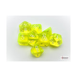 Neon Yellow Translucent Dice With White Numbers 7+1 Dice Set 16Mm (5/8In) Chessex