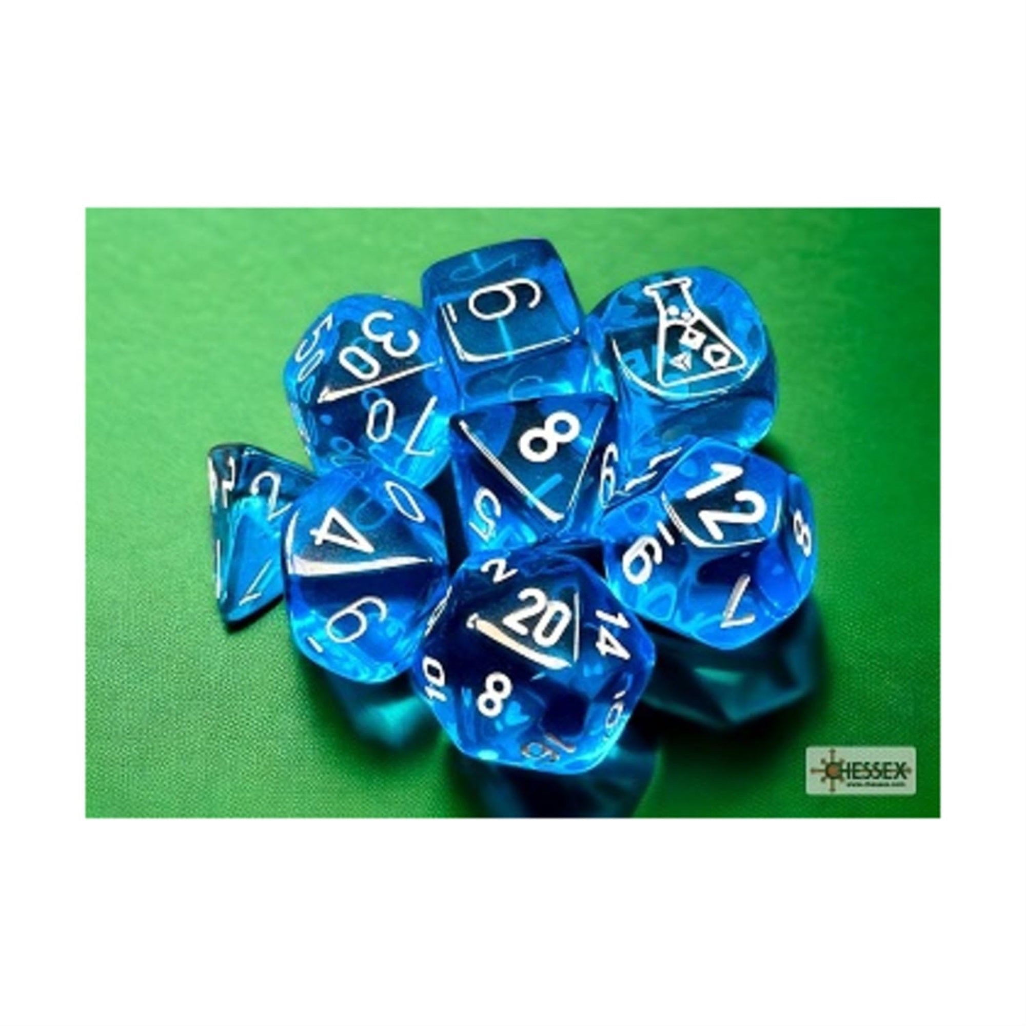 Tropical Blue Translucent Dice With White Numbers 7+1 Dice Set 16Mm (5/8In) Chessex