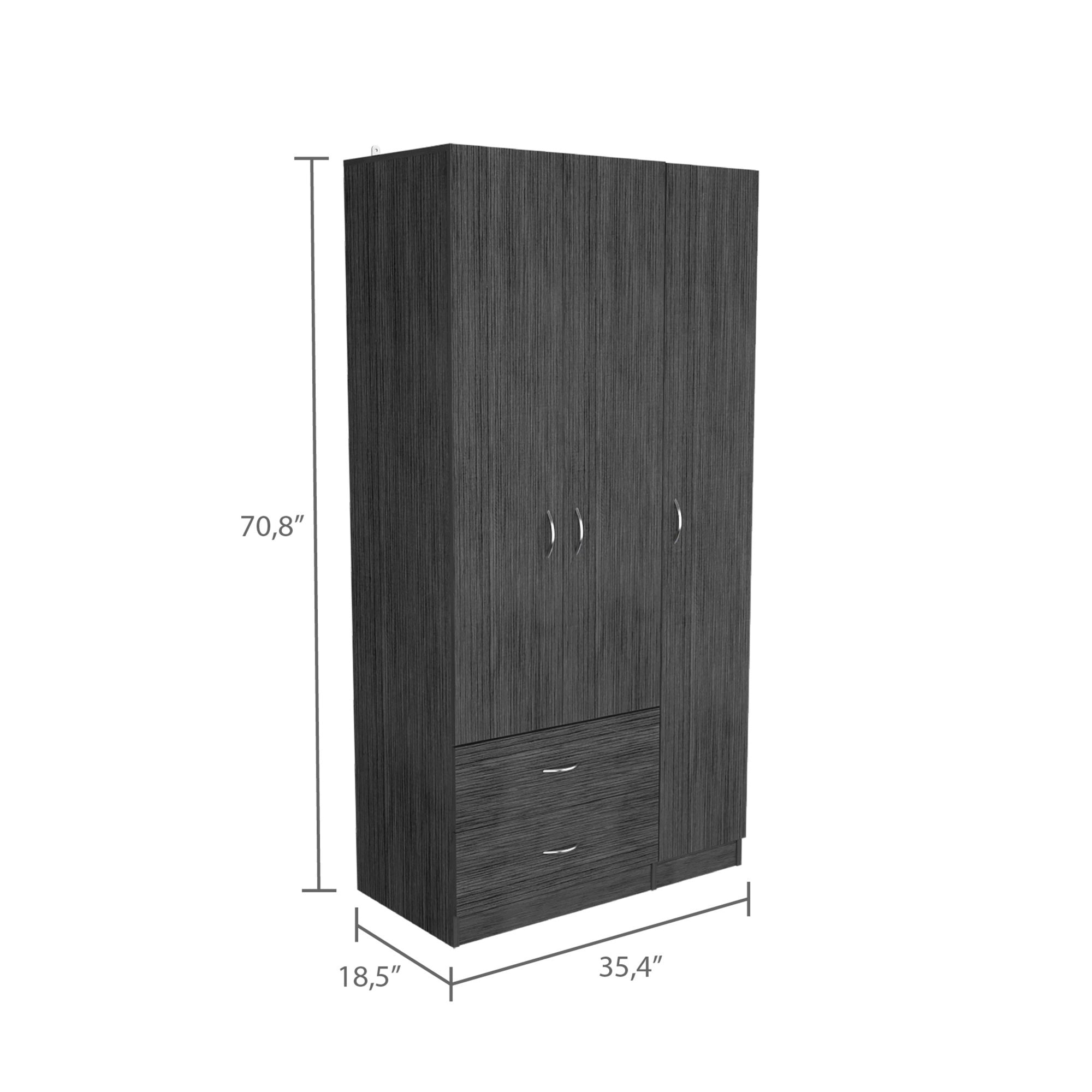Tuhome Austral 3 Doors Armoire, Metal Rod, Two Drawers, One Door Cabinet, Two Door Cabinets, Smoky Oak/White, For Bedroom