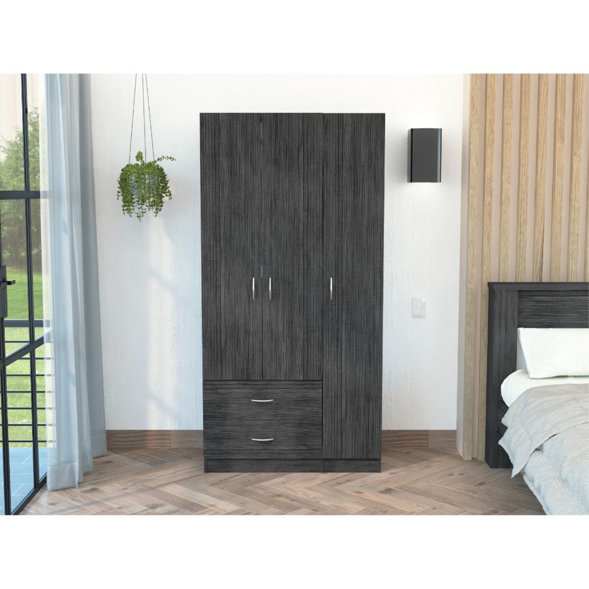 Tuhome Austral 3 Doors Armoire, Metal Rod, Two Drawers, One Door Cabinet, Two Door Cabinets, Smoky Oak/White, For Bedroom