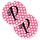 Caroline'S Treasures Letter P Monogram - Pink Black Polka Dots Set Of 2 Cup Holder Car Coasters Cj1001-Pcarc, 2.56, Multicolor