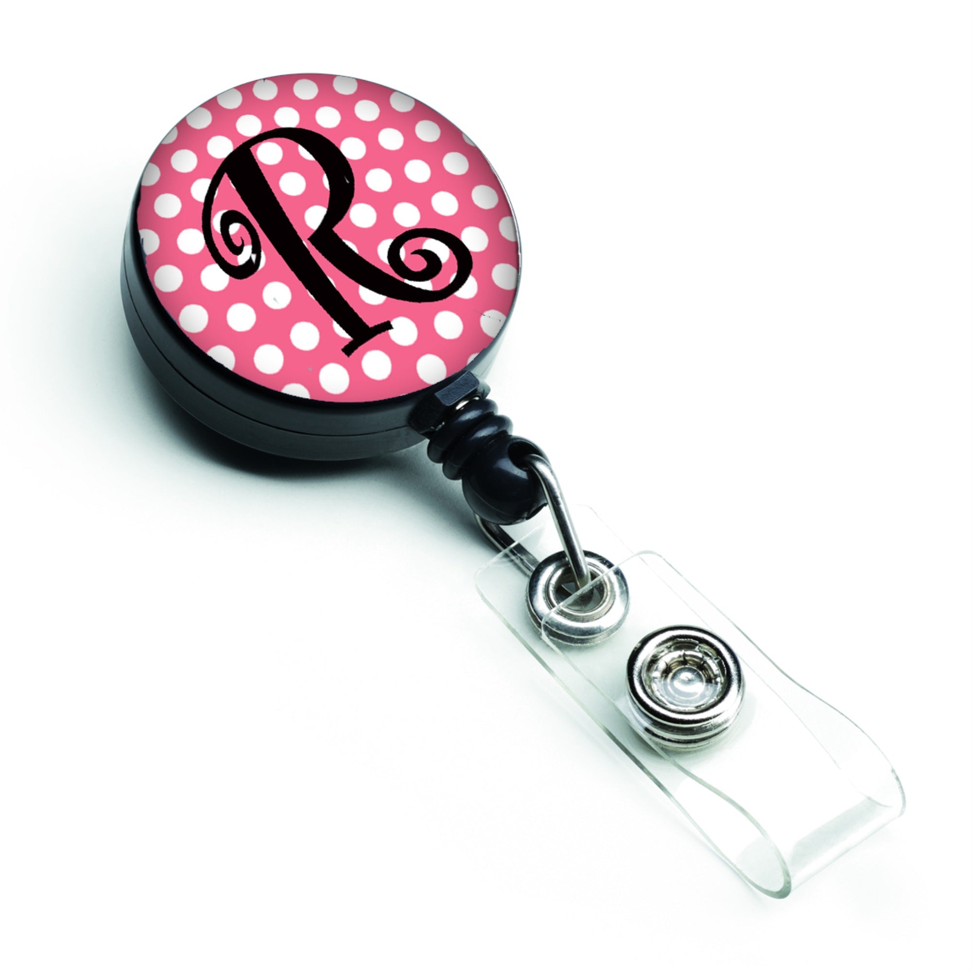 Caroline'S Treasures Letter R Monogram, Pink Black Polka Dots Retractable Badge Reel, Multicolor (Cj1001-Rbr)