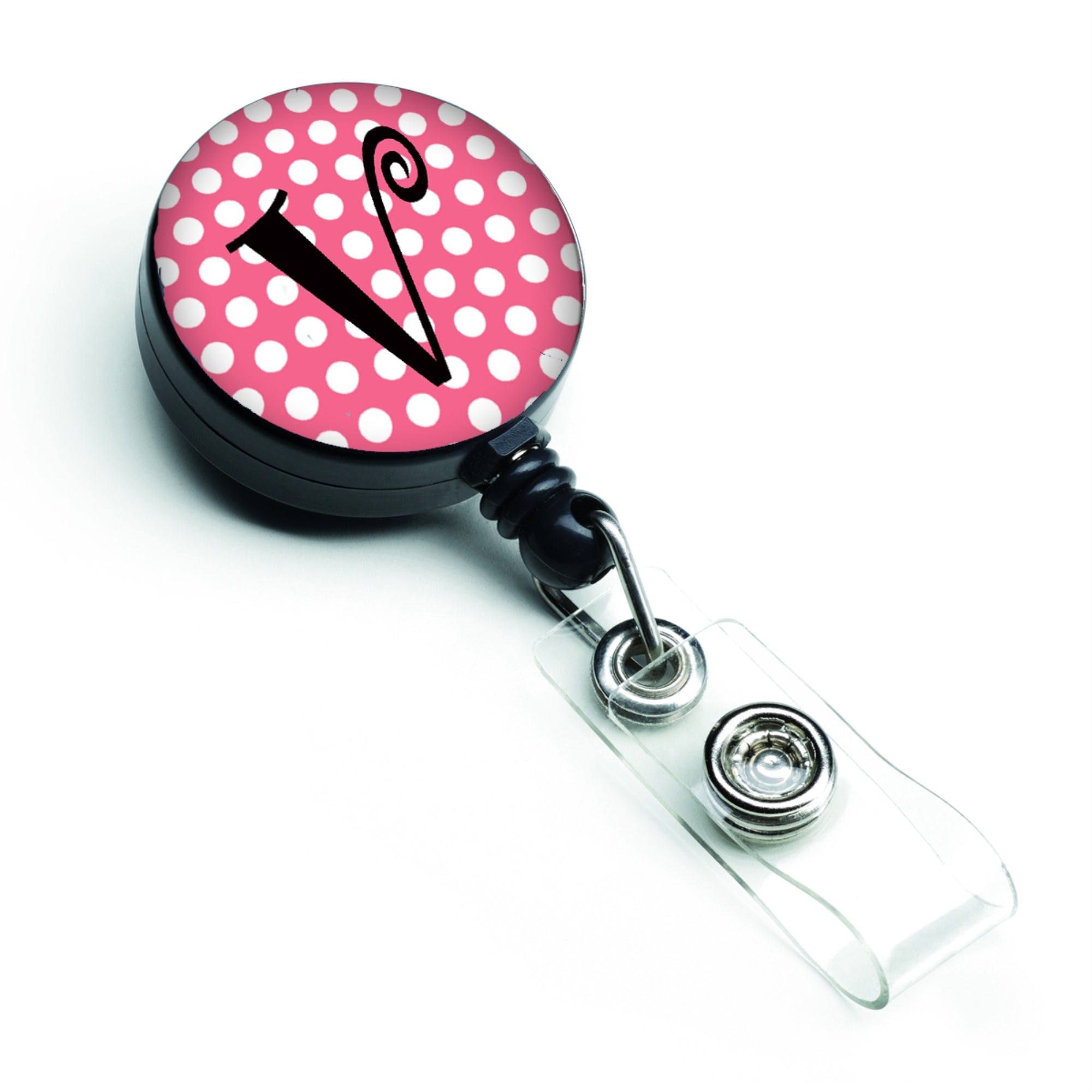 Caroline'S Treasures Letter V Monogram, Pink Black Polka Dots Retractable Badge Reel, Multicolor (Cj1001-Vbr)