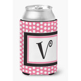 Letter V Initial Monogram - Pink Black Polka Dots Can Or Bottle Beverage Insulator Hugger