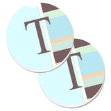 Caroline'S Treasures Letter T Initial Monogram - Blue Stripes Set Of 2 Cup Holder Car Coasters Cj1003-Tcarc, 2.56, Multicolor,
