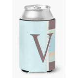 Letter V Initial Monogram - Blue Stripes Can Or Bottle Beverage Insulator Hugger