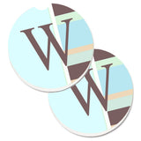 Caroline'S Treasures Letter W Initial Monogram - Blue Stripes Set Of 2 Cup Holder Car Coasters Cj1003-Wcarc, 2.56, Multicolor,