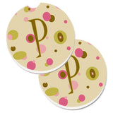 Caroline'S Treasures Letter P Initial Monogram - Tan Dots Set Of 2 Cup Holder Car Coasters Cj1004-Pcarc, 2.56, Multicolor