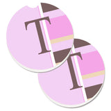 Caroline'S Treasures Letter T Initial Monogram - Pink Stripes Set Of 2 Cup Holder Car Coasters Cj1005-Tcarc, 2.56, Multicolor,