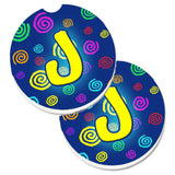 Caroline'S Treasures Letter J Initial Monogram - Blue Swirls Set Of 2 Cup Holder Car Coasters Cj1011-Jcarc, 2.56, Multicolor