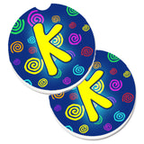 Caroline'S Treasures Letter K Initial Monogram - Blue Swirls Set Of 2 Cup Holder Car Coasters Cj1011-Kcarc, 2.56, Multicolor