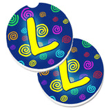 Caroline'S Treasures Letter L Initial Monogram - Blue Swirls Set Of 2 Cup Holder Car Coasters Cj1011-Lcarc, 2.56, Multicolor