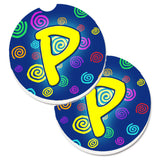 Caroline'S Treasures Letter P Initial Monogram - Blue Swirls Set Of 2 Cup Holder Car Coasters Cj1011-Pcarc, 2.56, Multicolor