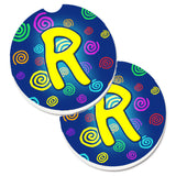 Caroline'S Treasures Letter R Initial Monogram - Blue Swirls Set Of 2 Cup Holder Car Coasters Cj1011-Rcarc, 2.56, Multicolor