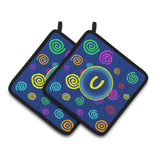 Caroline'S Treasures Letter U Initial Monogram - Blue Swirls Pair Of Pot Holders Cj1011-Upthd, 7.5Hx7.5W, Multicolor