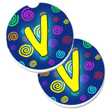Caroline'S Treasures Letter V Initial Monogram - Blue Swirls Set Of 2 Cup Holder Car Coasters Cj1011-Vcarc, 2.56, Multicolor