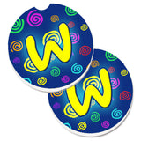 Caroline'S Treasures Letter W Initial Monogram - Blue Swirls Set Of 2 Cup Holder Car Coasters Cj1011-Wcarc, 2.56, Multicolor