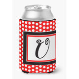Letter U Initial Monogram - Red Black Polka Dots Can Or Bottle Beverage Insulator Hugger
