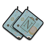 Caroline'S Treasures Monogram - Initial N Blue Dots Pair Of Pot Holders Cj1013-Npthd, 7.5Hx7.5W, Multicolor