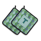 Caroline'S Treasures Initial T Monogram - Blue Argoyle Pair Of Pot Holders Cj1020-Tpthd, 7.5Hx7.5W, Multicolor