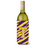 Monogram - Tiger Stripe - Purple Gold Initial T Wine Bottle Beverage Insulator Beverage Insulator Hugger